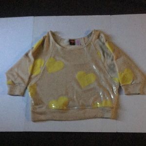 Tan with Yellow Hearts Sweater Pullover Top, 3/4 sleeves, cropped top